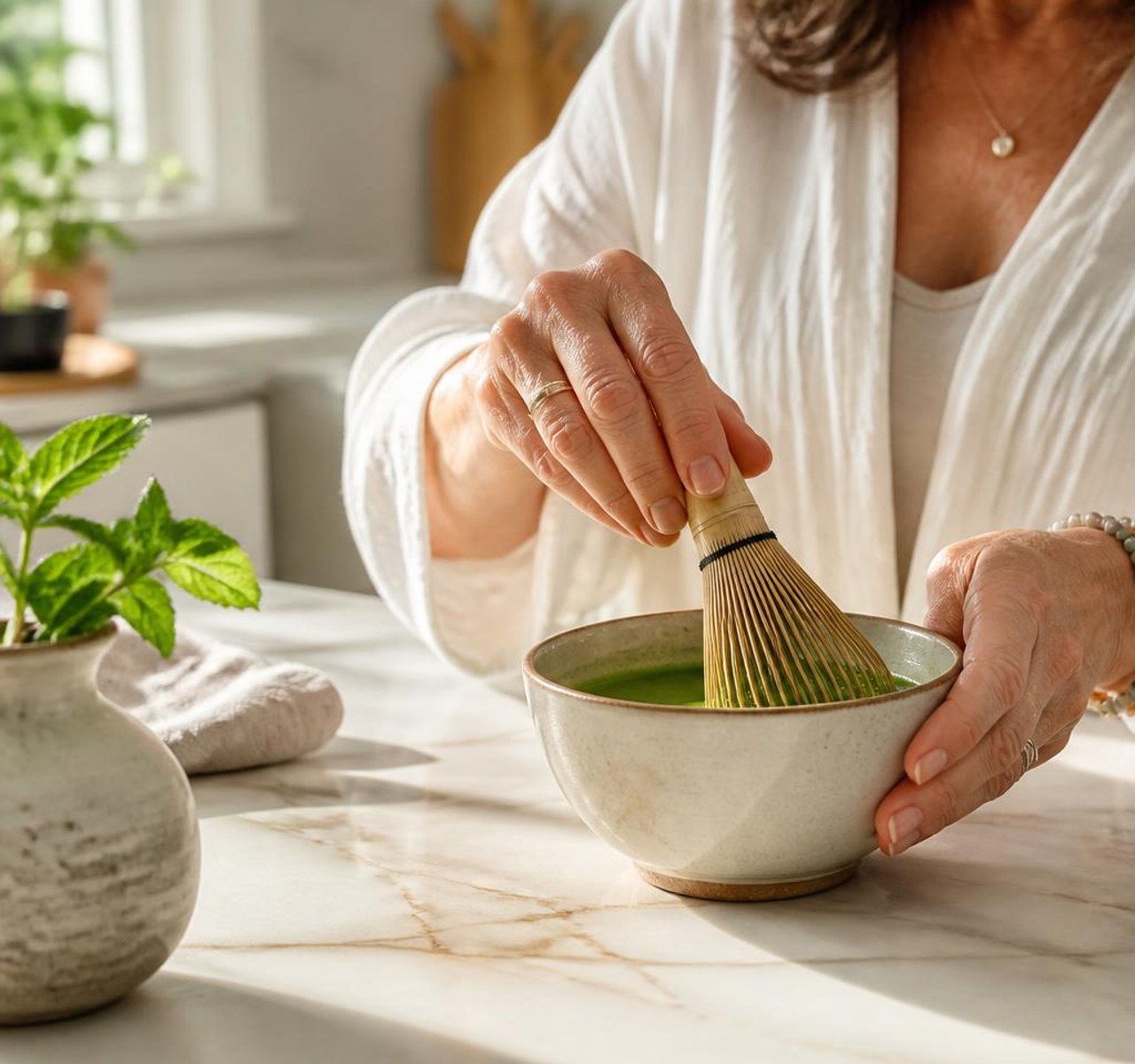 An open jar of LeanTide matcha with a bamboo scoop beside a whisked bowl of frothy green matcha